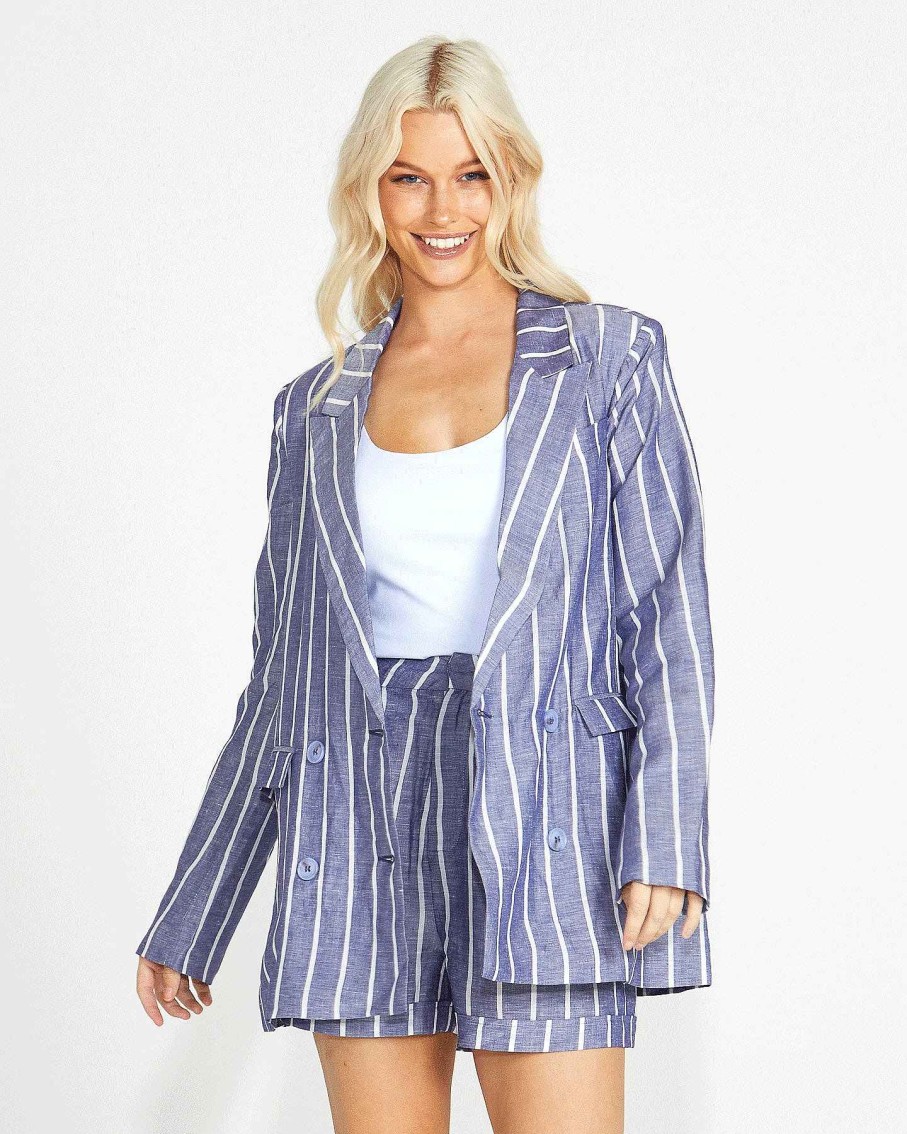 Clothing Sass Clothing | Lydia Striped Double Breasted Linen-Blend Blazer Navy Stripe