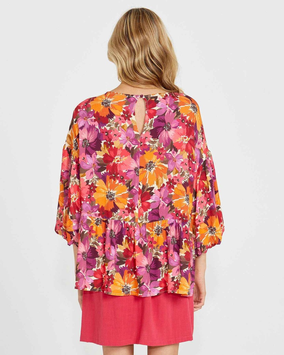 Clothing Sass Clothing | Yasmin Bubble Sleeve Top Berry Floral