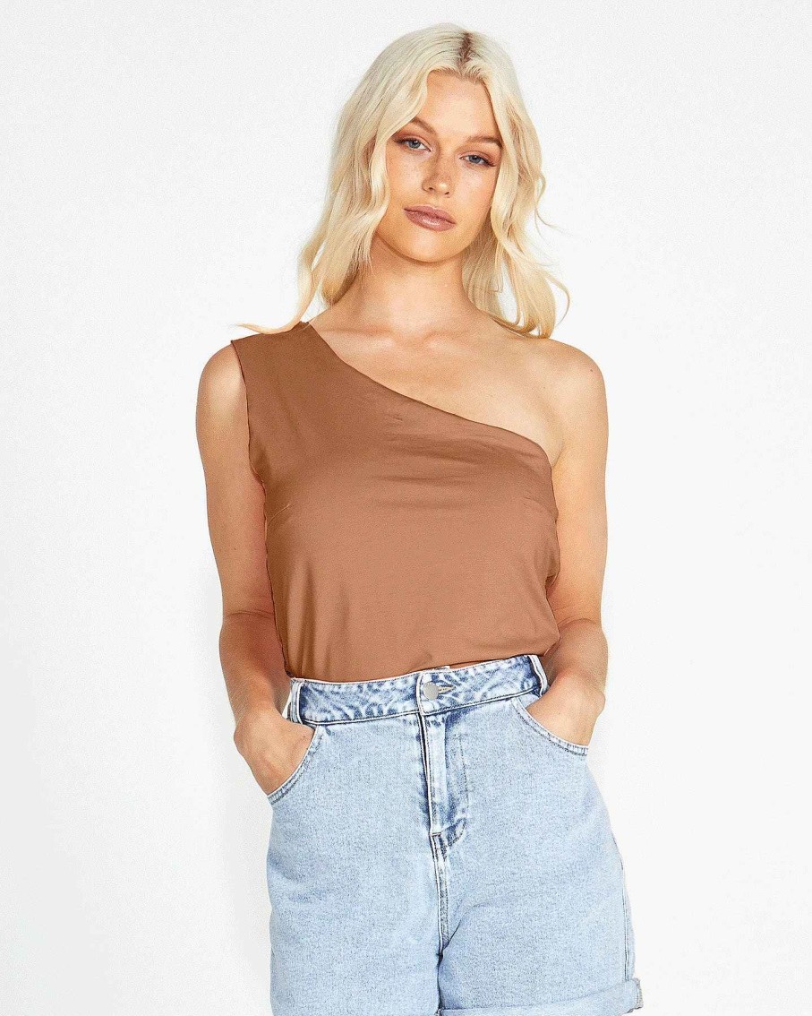 Clothing Sass Clothing | Bec Stretchy One Shoulder Basic Cotton/Elastane Top Brown Chocolate