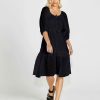 Clothing Sass Clothing | Ruby Balloon Sleeve Tie Neck Tiered Cotton Midi Dress Black