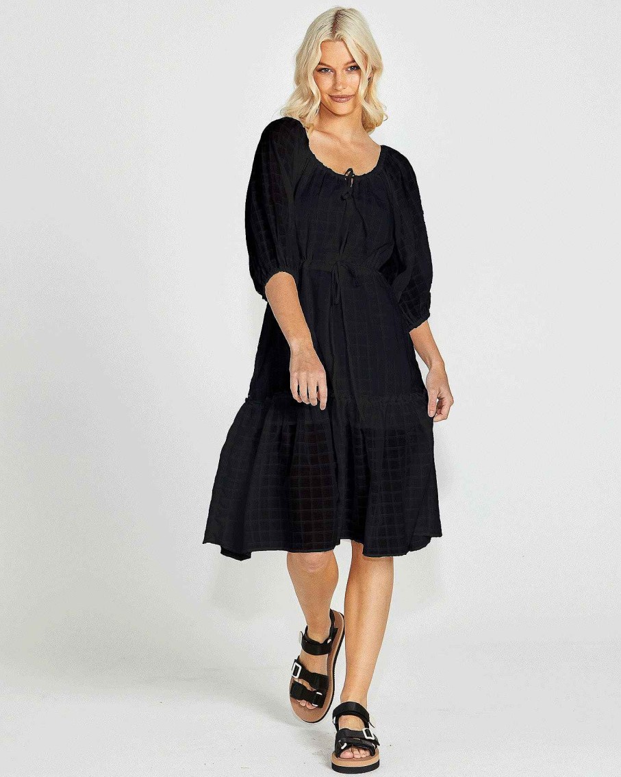 Clothing Sass Clothing | Ruby Balloon Sleeve Tie Neck Tiered Cotton Midi Dress Black