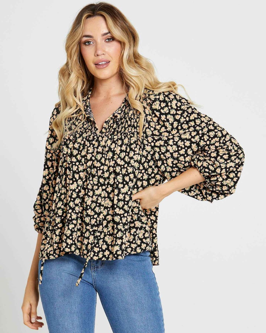 Clothing Sass Clothing | Tegan Shirred Boho Balloon Sleeve Top Black Floral Ditsy