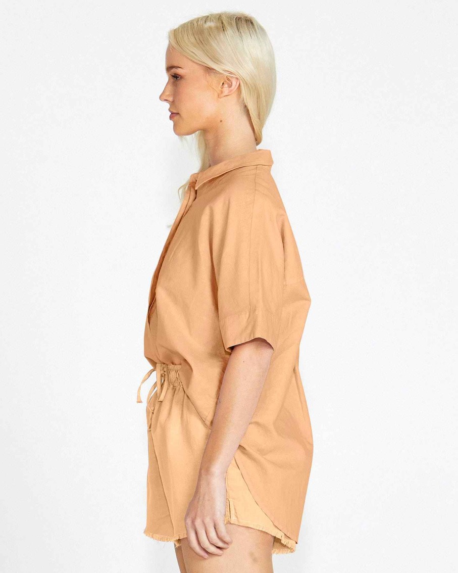 Clothing Sass Clothing | Aria Short Sleeve Button Up Cotton/Linen Shirt Tan