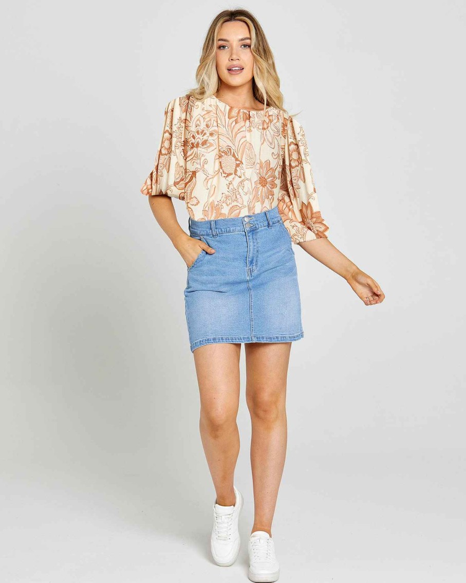 Clothing Sass Clothing | Emelia Balloon Sleeve Top Peach Bloom