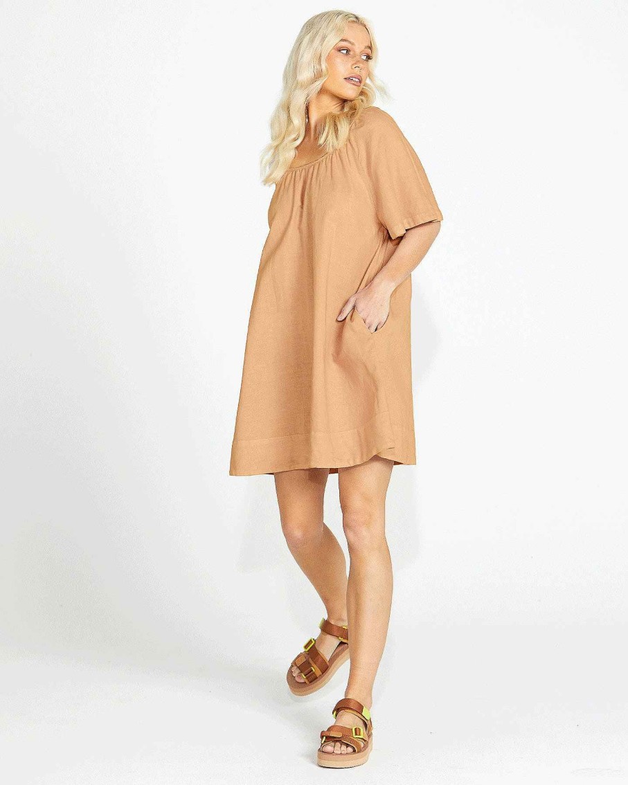 Clothing Sass Clothing | Aria Tie Back Flutter Sleeve Cotton/Linen Mini Dress Tan