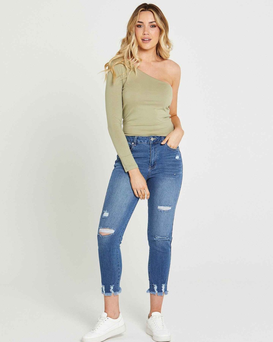 Clothing Sass Clothing | Anna One Sleeve Top Sage Green