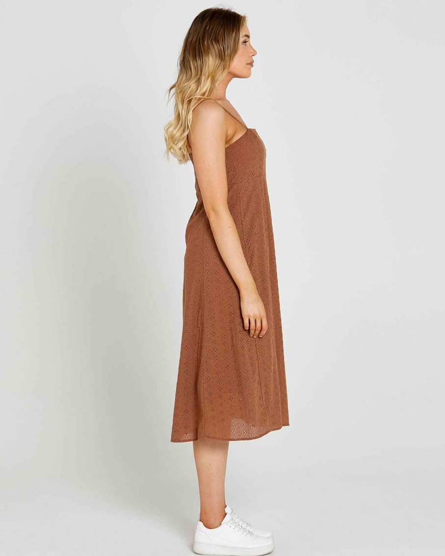 Clothing Sass Clothing | Sofia Embroidered Midi Dress Mocha Brown