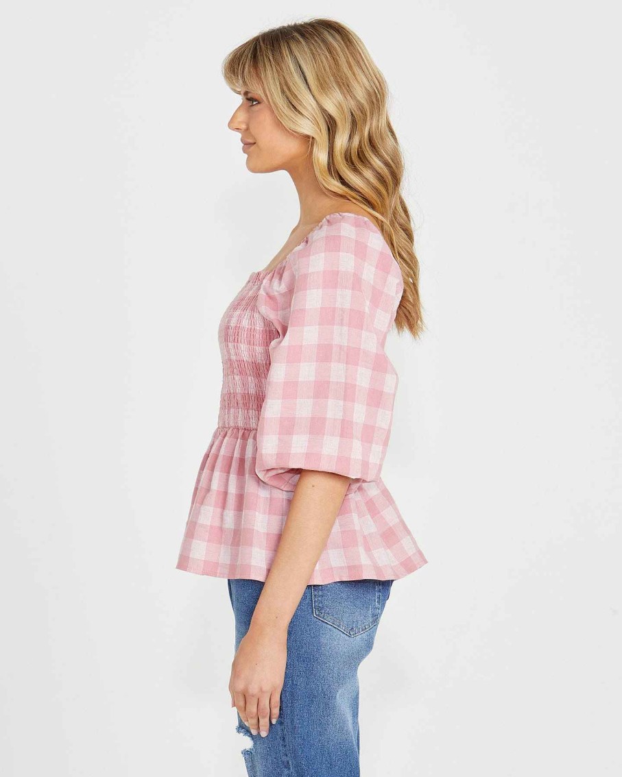 Clothing Sass Clothing | Stevie Shirred Top Pink Check